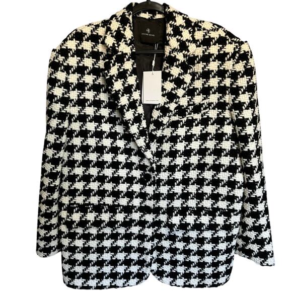 Anine Bing Quinn Tweed Blazer Houndstooth Black White Size XL NWT - Picture 3 of 12